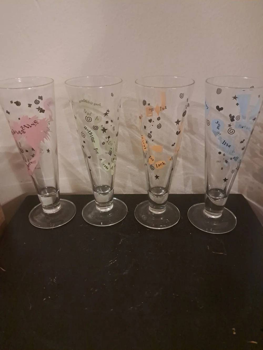 Vtg Decorative Glassware Set - Orange, Green,Blue, Pink Accent Pilsner Flutes 9